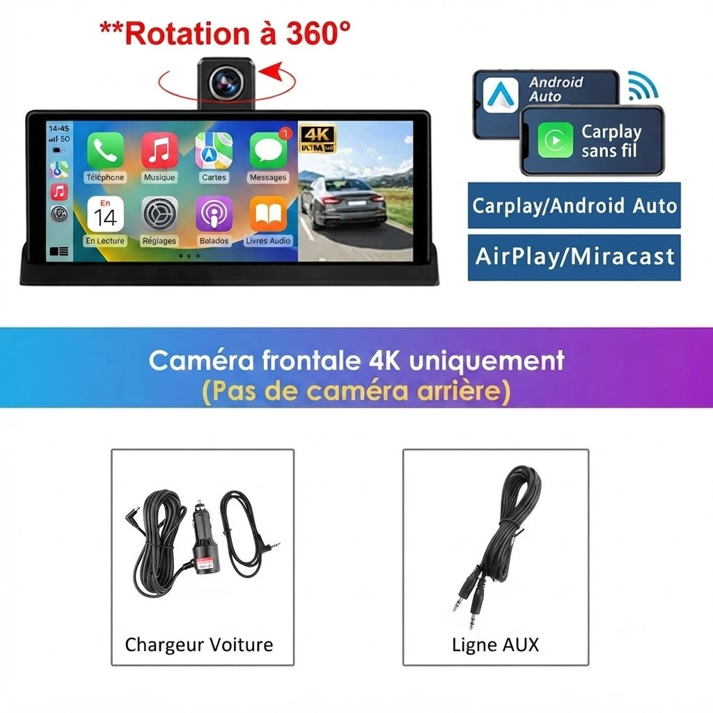 Dashcam Voiture 4K Écran Tactile 10.26" — CarPlay Sans Fil & Vision Nocturne