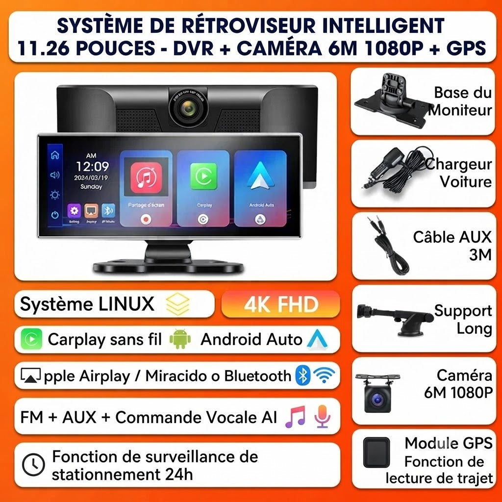 Dashcam Voiture Rétroviseur 4K — Caméra Arrière & CarPlay Sans Fil