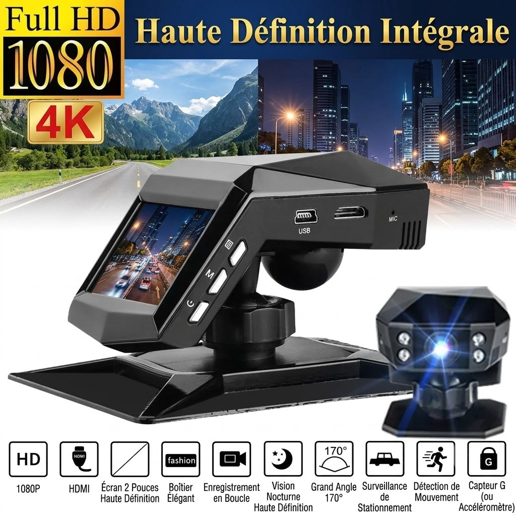 Dashcam Voiture 1080P Full HD — Grand Angle 170°, Détection & Enregistrement en Boucle