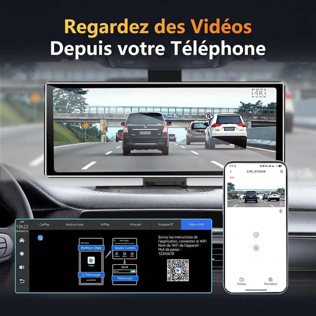 Dashcam Voiture 10,26" — CarPlay, Android Auto & Caméra Arrière