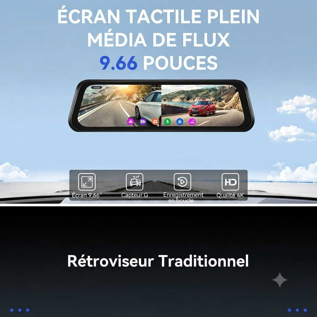 Dashcam Voiture 4K — Rétroviseur Tactile, Caméra Arrière & GPS