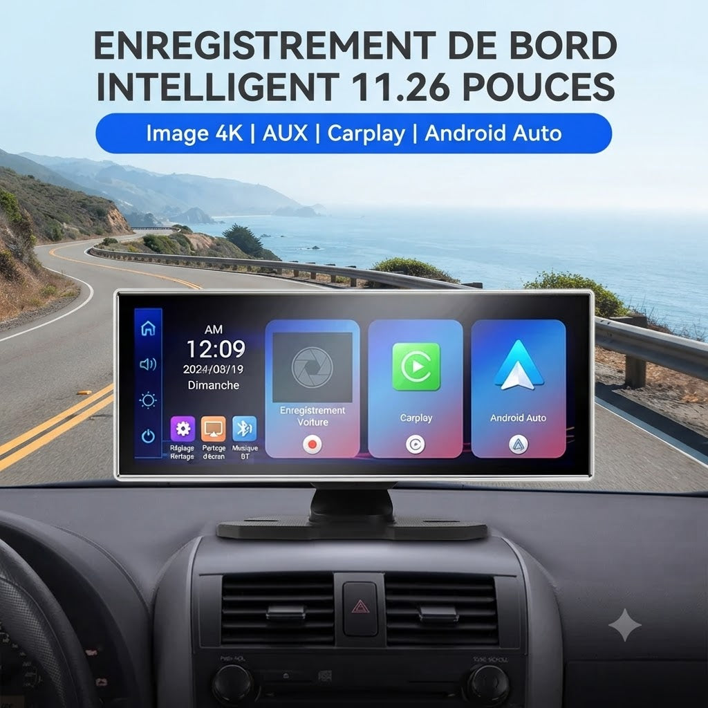 Dashcam Voiture Rétroviseur 4K — Caméra Arrière & CarPlay Sans Fil