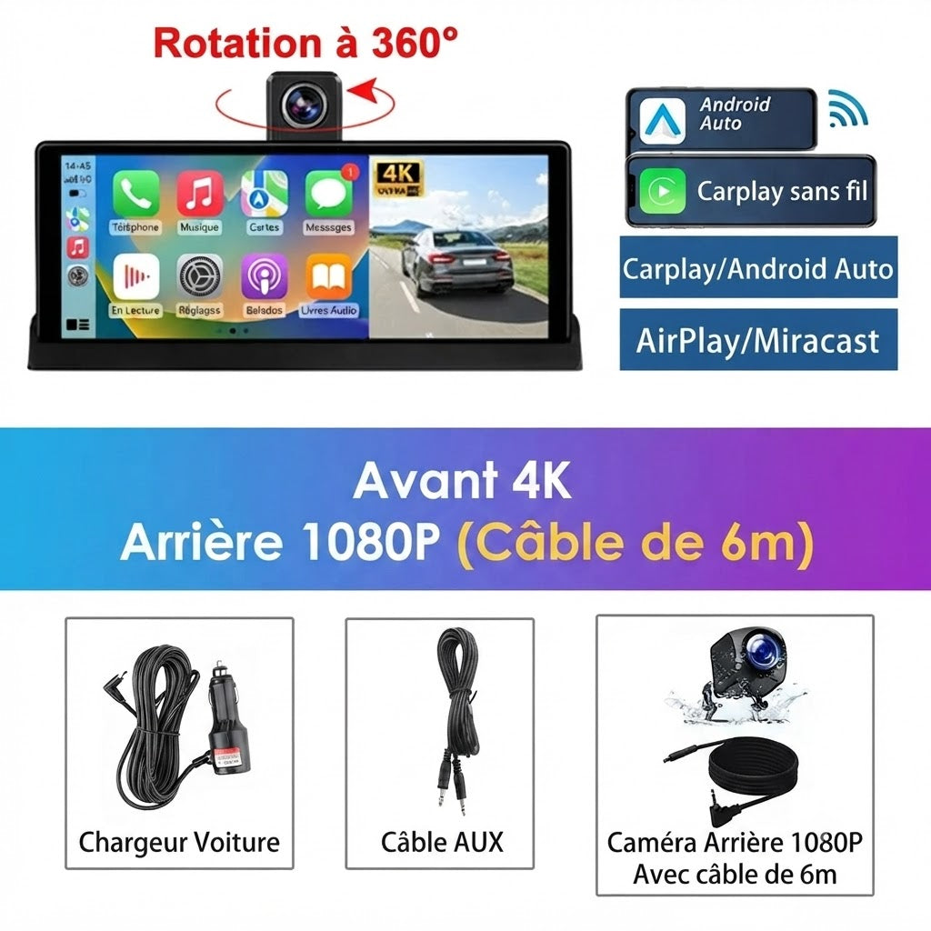 Dashcam Voiture 4K Écran Tactile 10.26" — CarPlay Sans Fil & Vision Nocturne