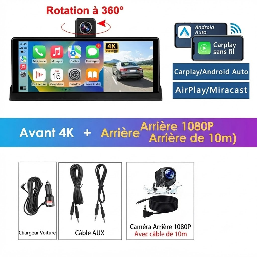 Dashcam Voiture 4K Écran Tactile 10.26" — CarPlay Sans Fil & Vision Nocturne