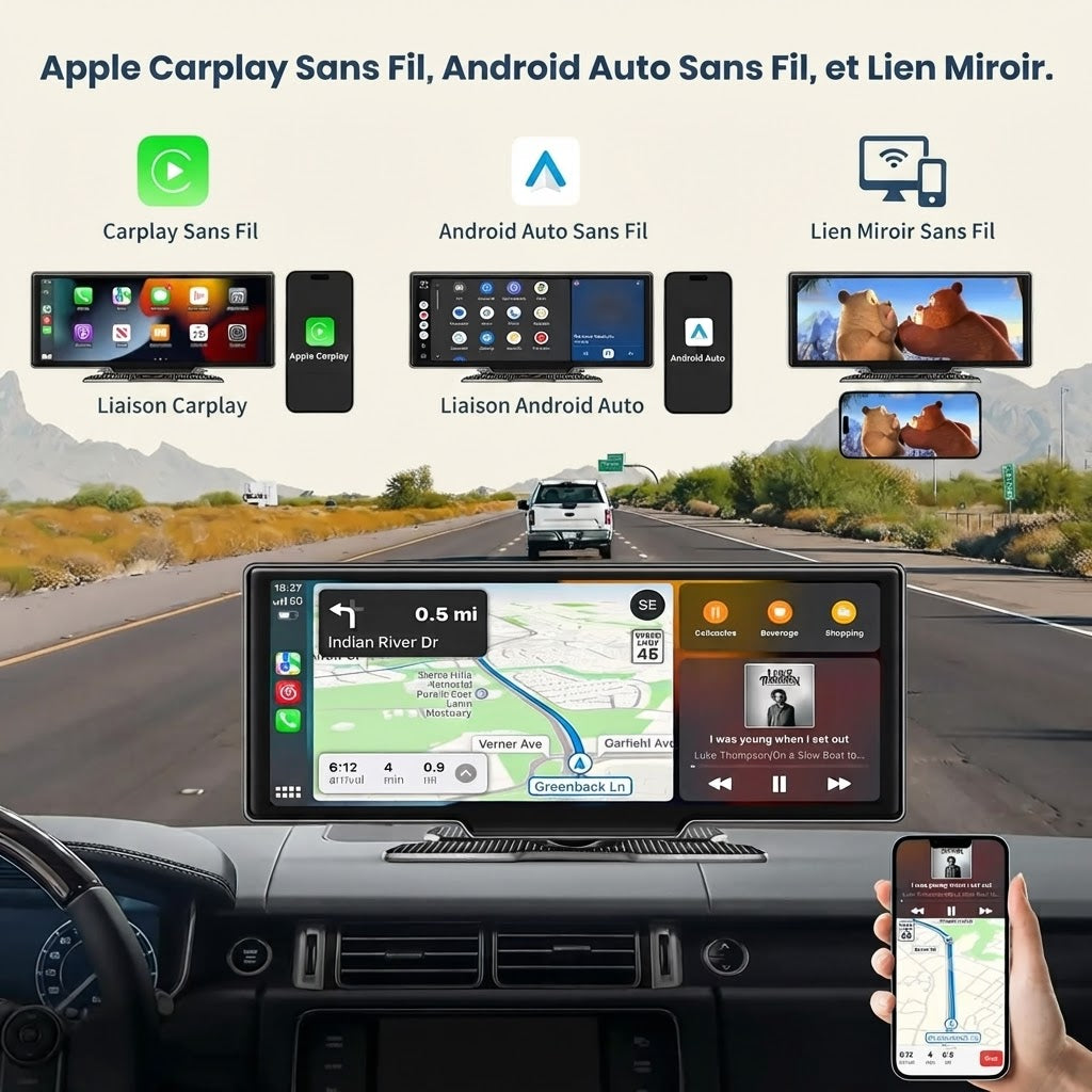 Dashcam Voiture 4K 10,26" CarPlay Sans Fil avec Caméra Arrière et GPS