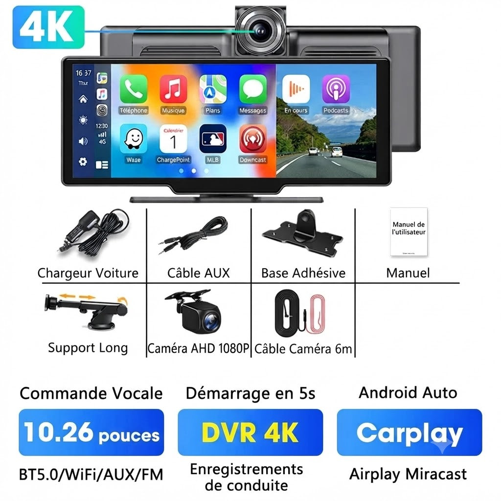 Dashcam Voiture 4K avec Écran Tactile 10,26" — Caméra Arrière & CarPlay Sans Fil
