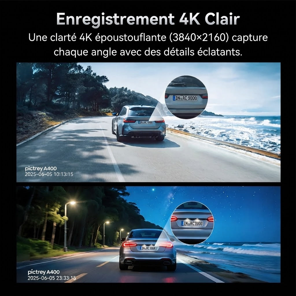Dashcam Voiture 4K Ultra HD, Vision Nocturne et Alerte ADAS
