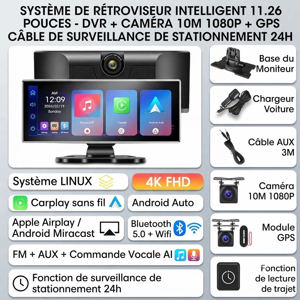 Dashcam Voiture Rétroviseur 4K — Caméra Arrière & CarPlay Sans Fil