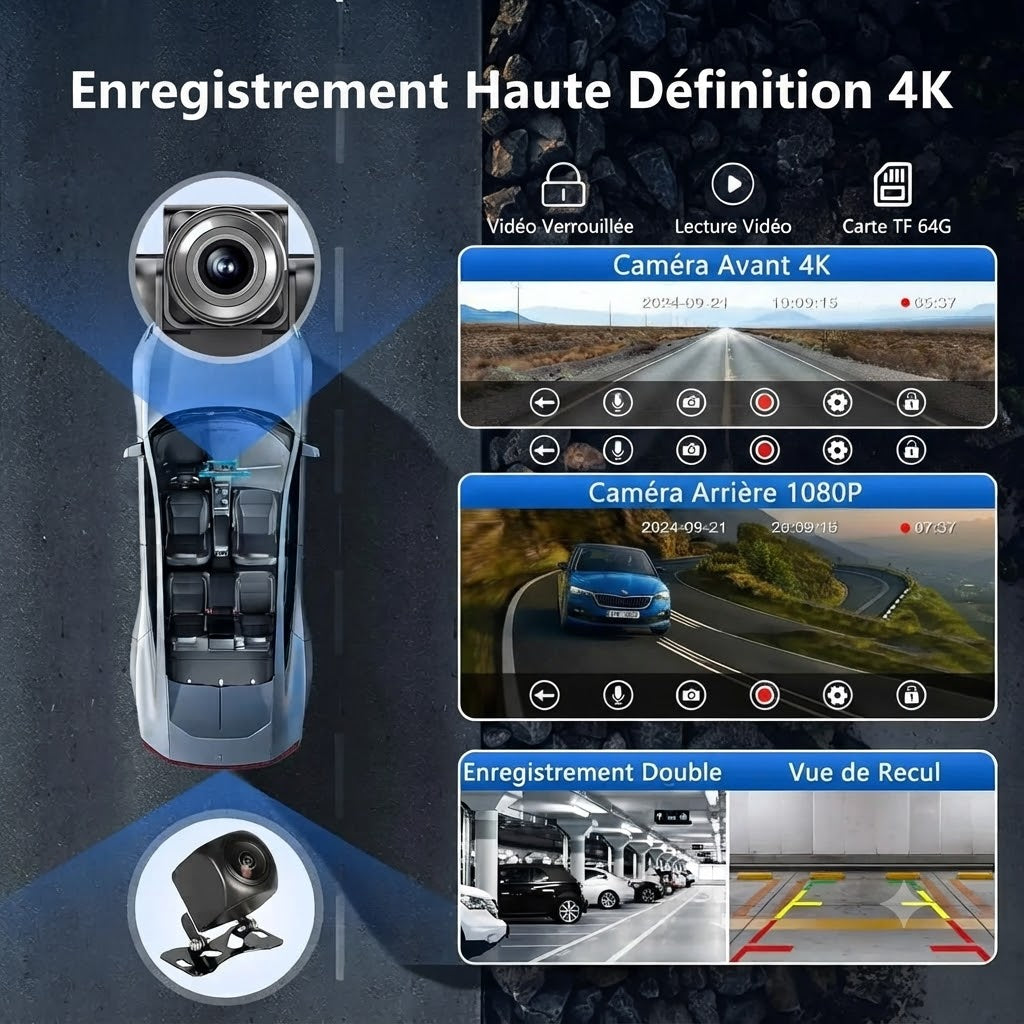 Dashcam Voiture 4K avec Écran Tactile 10,26" — Caméra Arrière & CarPlay Sans Fil