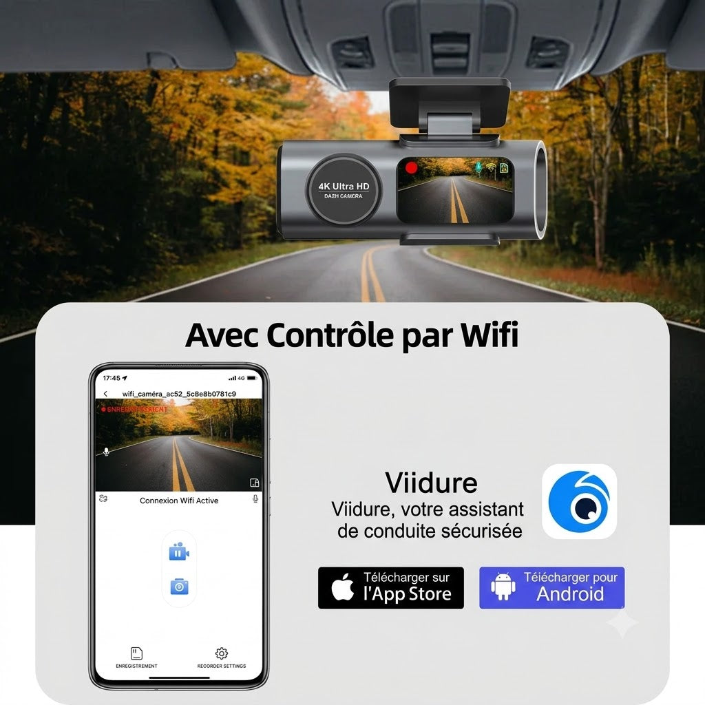 Dashcam Voiture 4K — Caméra Arrière, Vision Nocturne & GPS