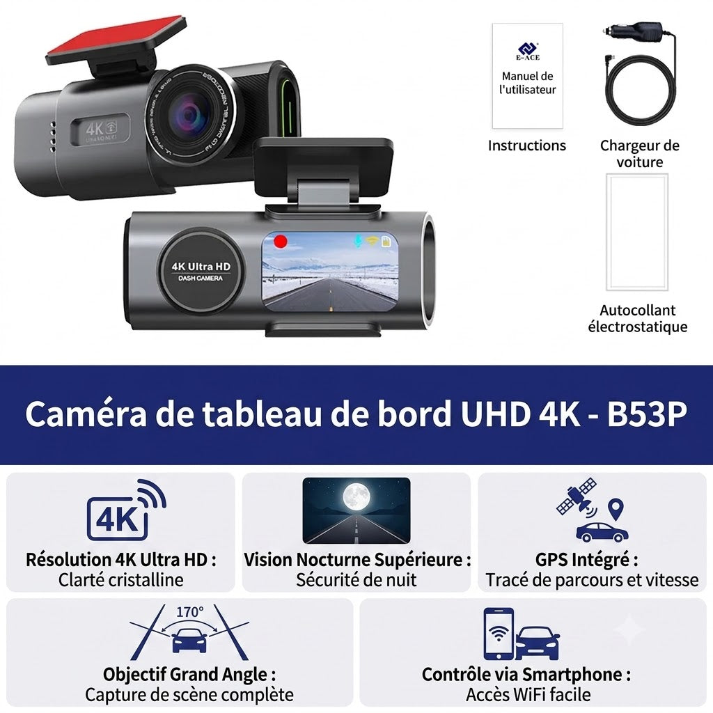Dashcam Voiture 4K — Caméra Arrière, Vision Nocturne & GPS