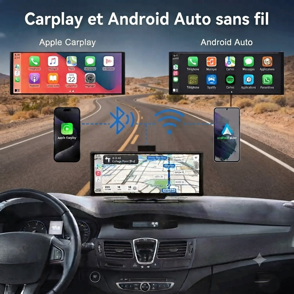 Dashcam Voiture 4K avec Écran Tactile 10,26" — Caméra Arrière & CarPlay Sans Fil