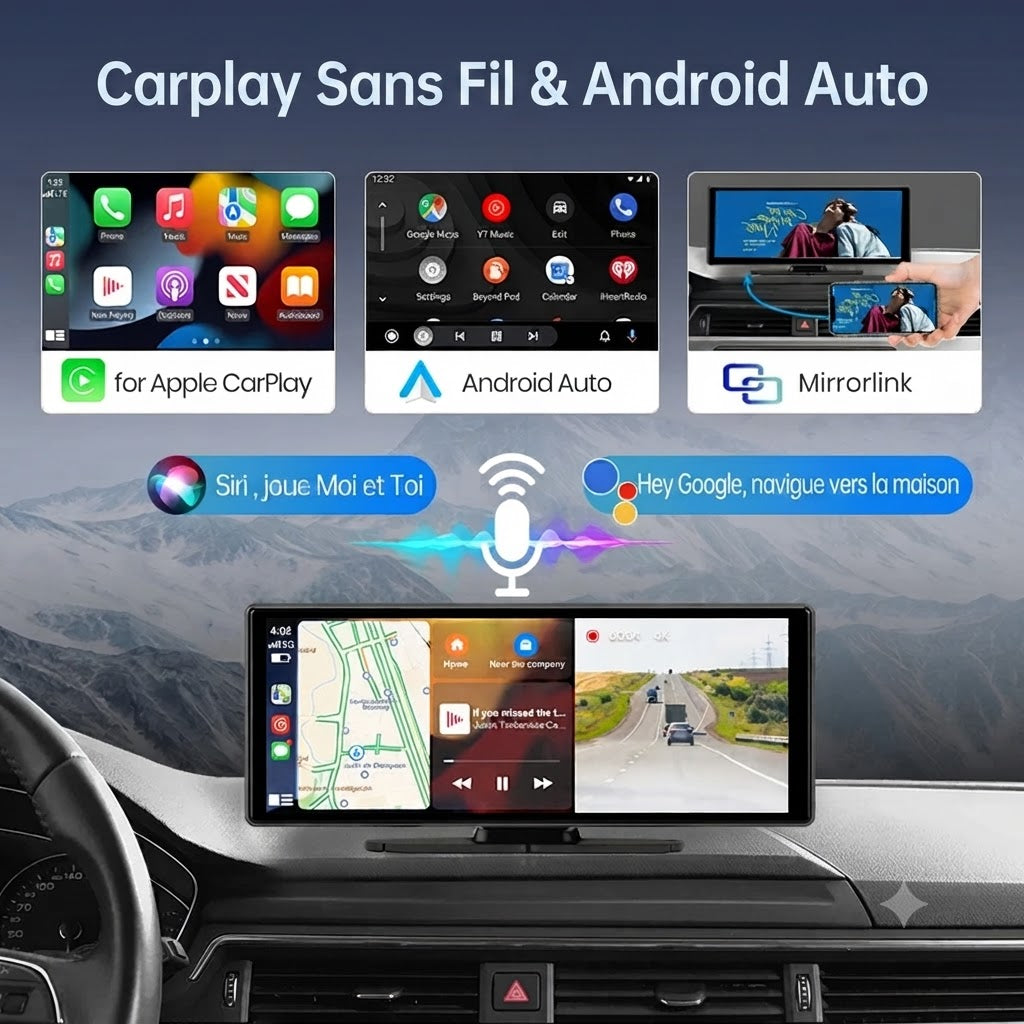 Dashcam Voiture 4K avec Caméra Arrière 1080P, CarPlay Sans Fil