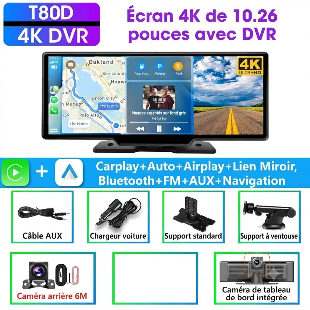 Dashcam Voiture 4K 10,26" CarPlay Sans Fil avec Caméra Arrière et GPS