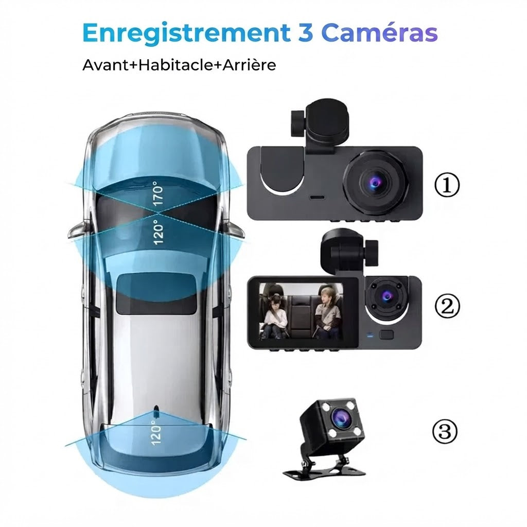 Dashcam Voiture Triple Caméra — Full HD 1080P & Vision Nocturne
