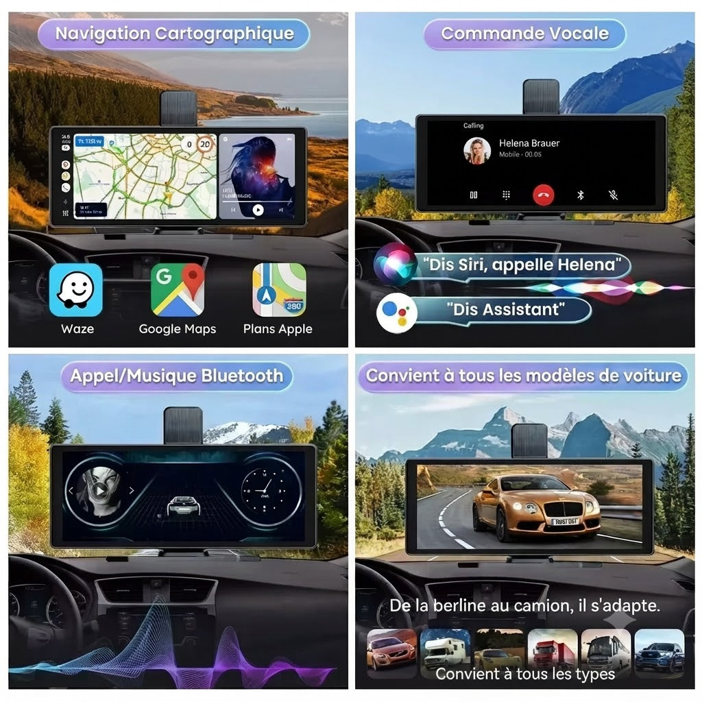 Dashcam Voiture 4K Écran Tactile 10.26" — CarPlay Sans Fil & Vision Nocturne