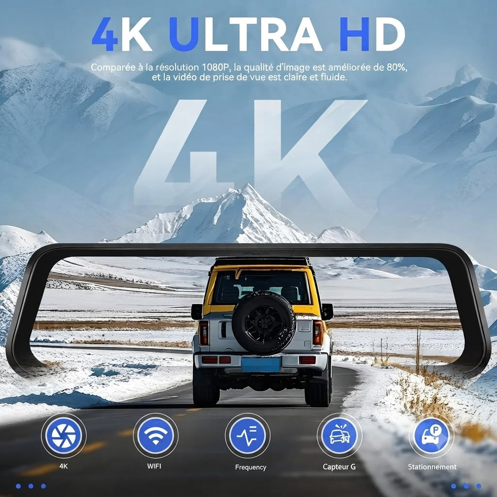 Dashcam Voiture 4K — Rétroviseur Tactile, Caméra Arrière & GPS
