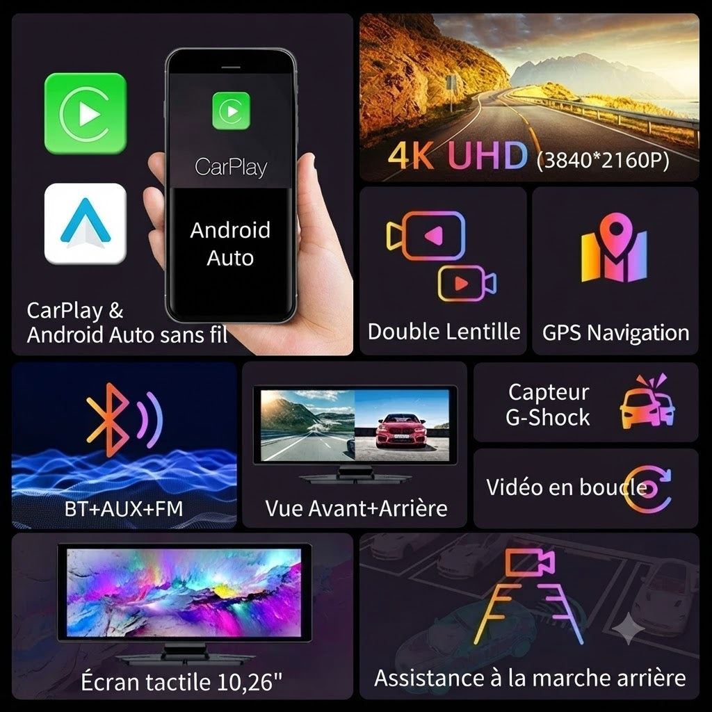 Dashcam Voiture 4K Écran Tactile 10.26" — CarPlay Sans Fil & Vision Nocturne