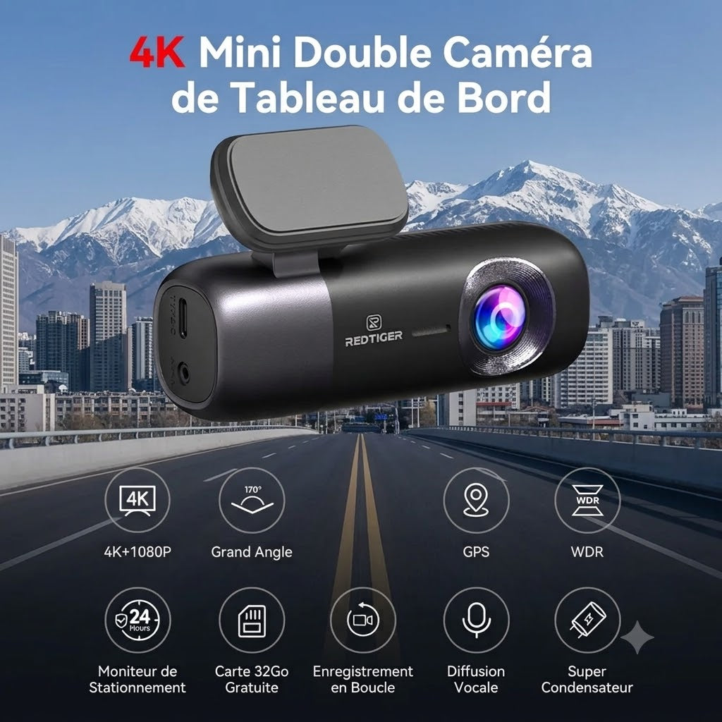 Dashcam Voiture 4K — Vision Nocturne, GPS & Surveillance Parking