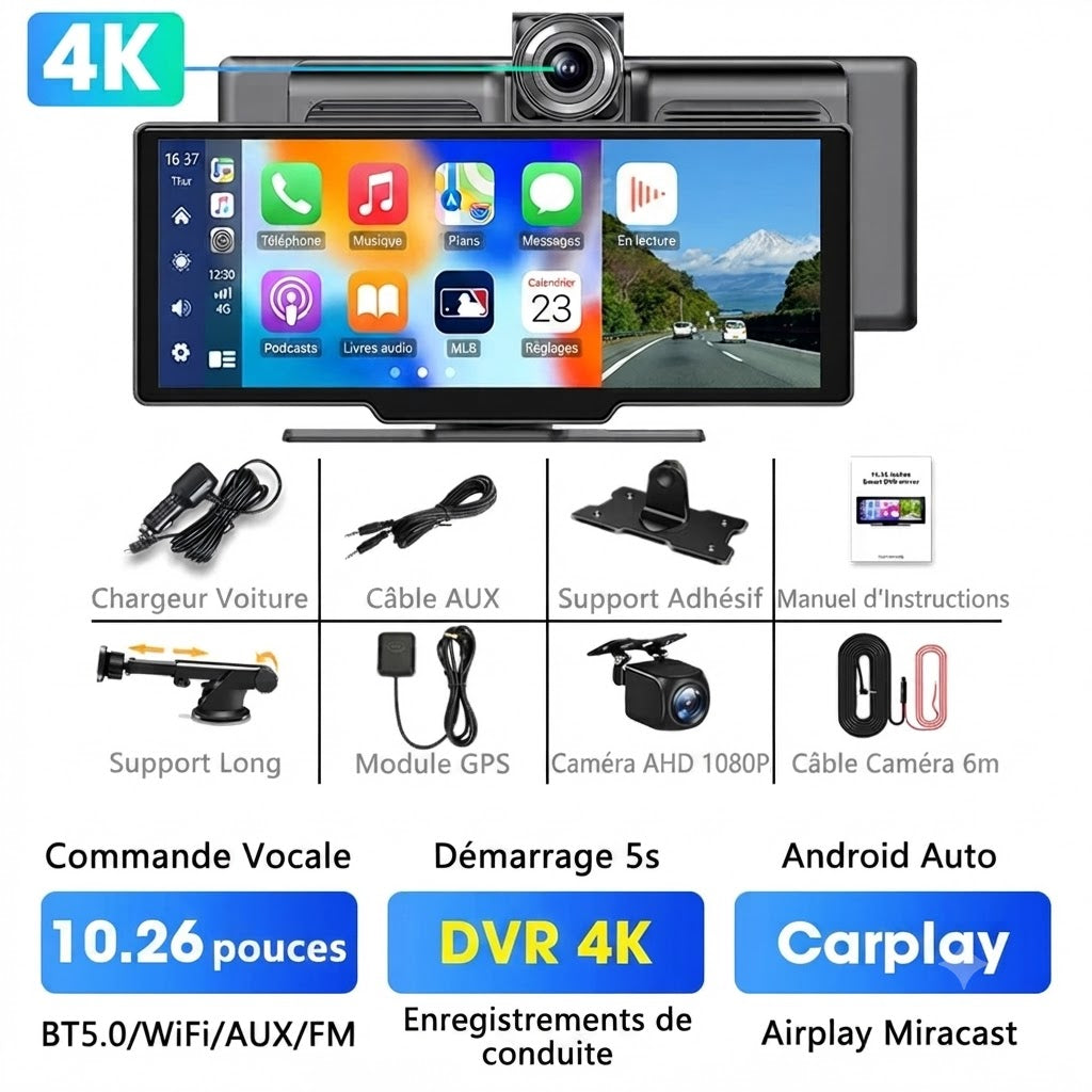 Dashcam Voiture 4K avec Écran Tactile 10,26" — Caméra Arrière & CarPlay Sans Fil