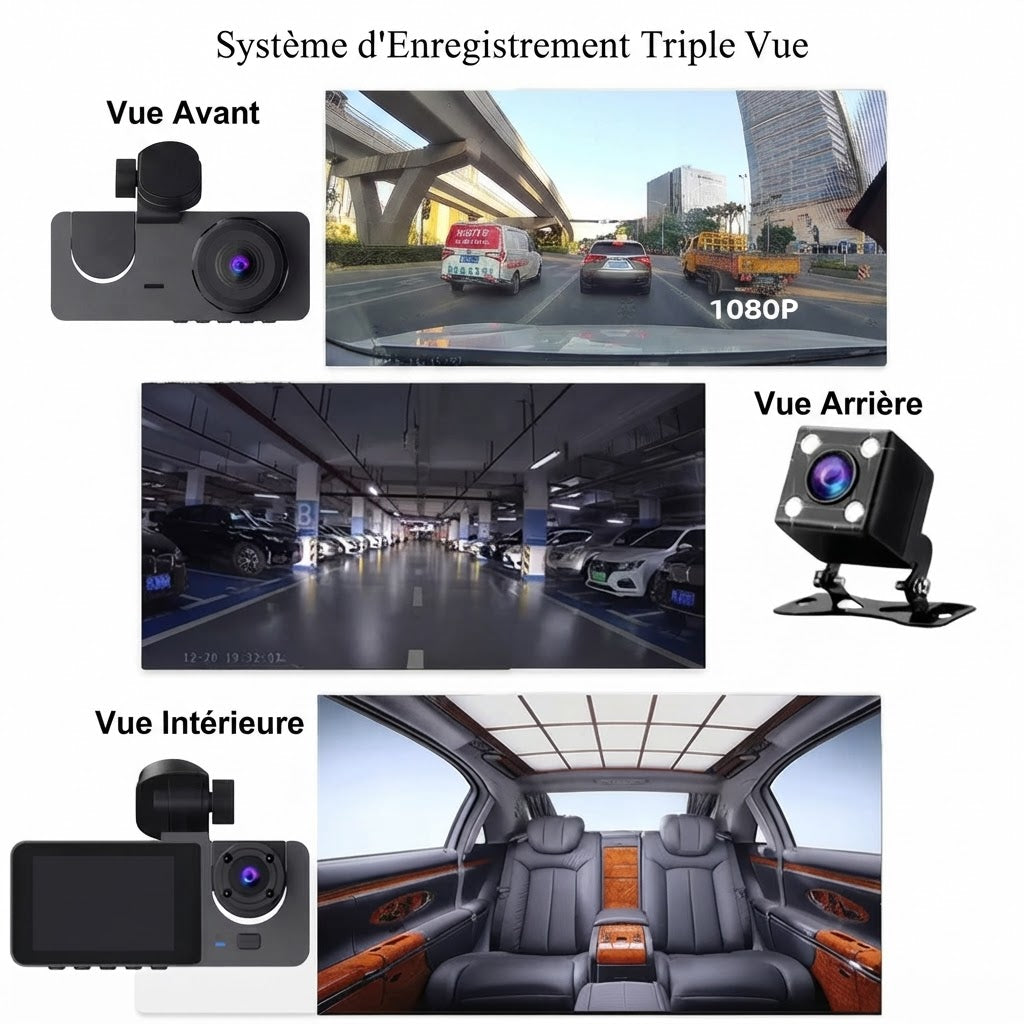 Dashcam Voiture Triple Caméra — Full HD 1080P & Vision Nocturne