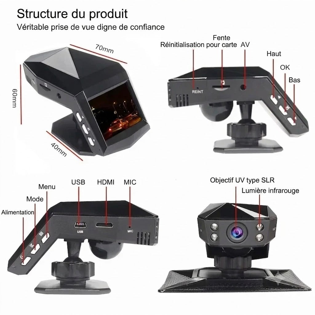 Dashcam Voiture 1080P Full HD — Grand Angle 170°, Détection & Enregistrement en Boucle