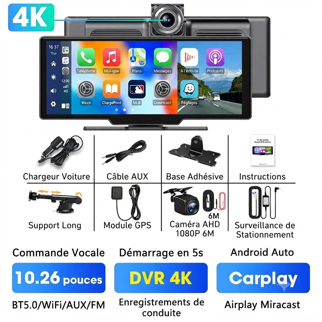 Dashcam Voiture 4K avec Écran Tactile 10,26" — Caméra Arrière & CarPlay Sans Fil