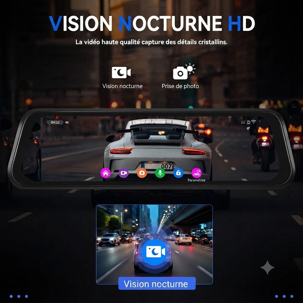 Dashcam Voiture 4K — Rétroviseur Tactile, Caméra Arrière & GPS
