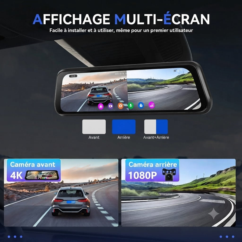 Dashcam Voiture 4K — Rétroviseur Tactile, Caméra Arrière & GPS
