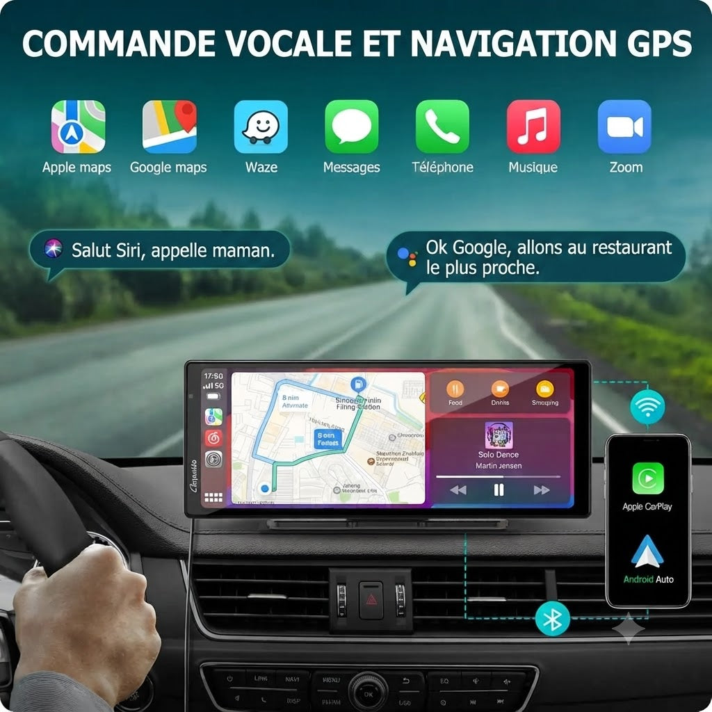 Dashcam Voiture 4K 10,26" CarPlay Sans Fil avec Caméra Arrière et GPS