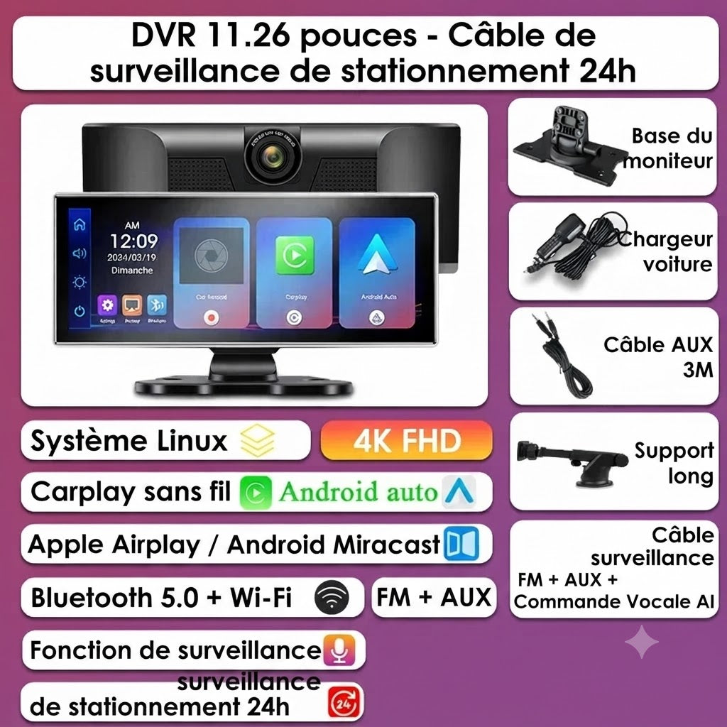 Dashcam Voiture Rétroviseur 4K — Caméra Arrière & CarPlay Sans Fil