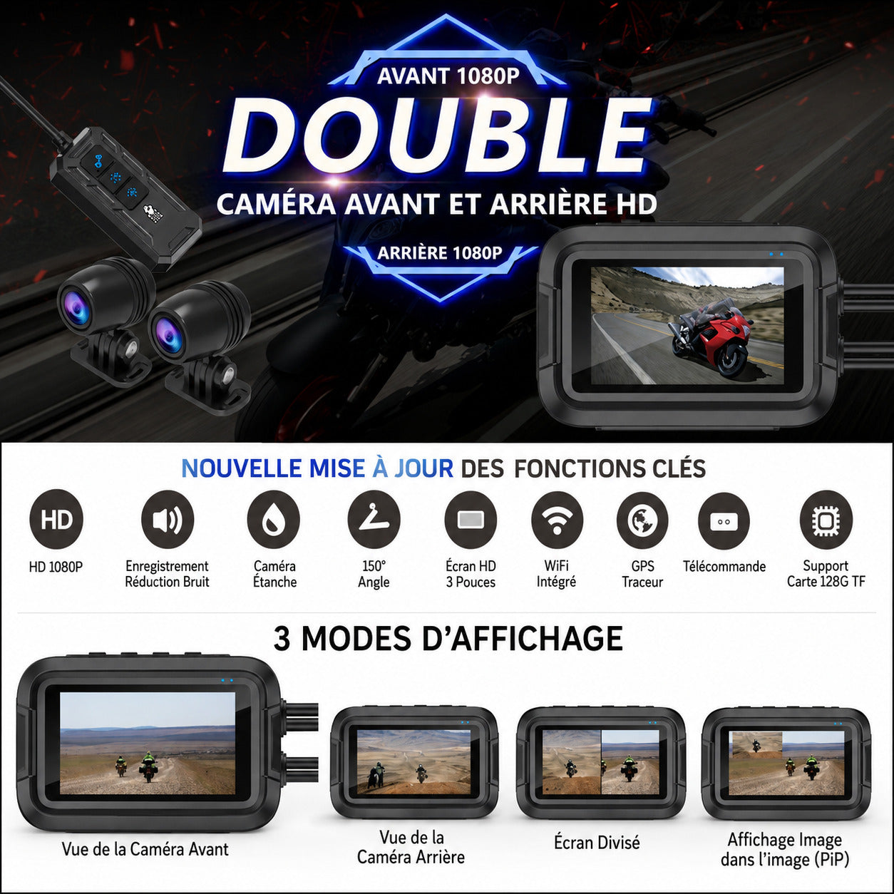 Dashcam Moto Full HD Dual 1080P, GPS & Étanche IP66