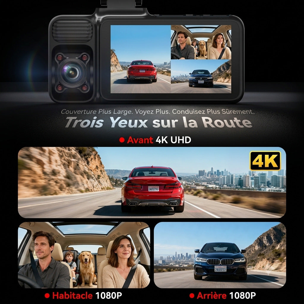 Dashcam Voiture 4K — 3 Caméras, GPS Intégré & Vision Nocturne Sony