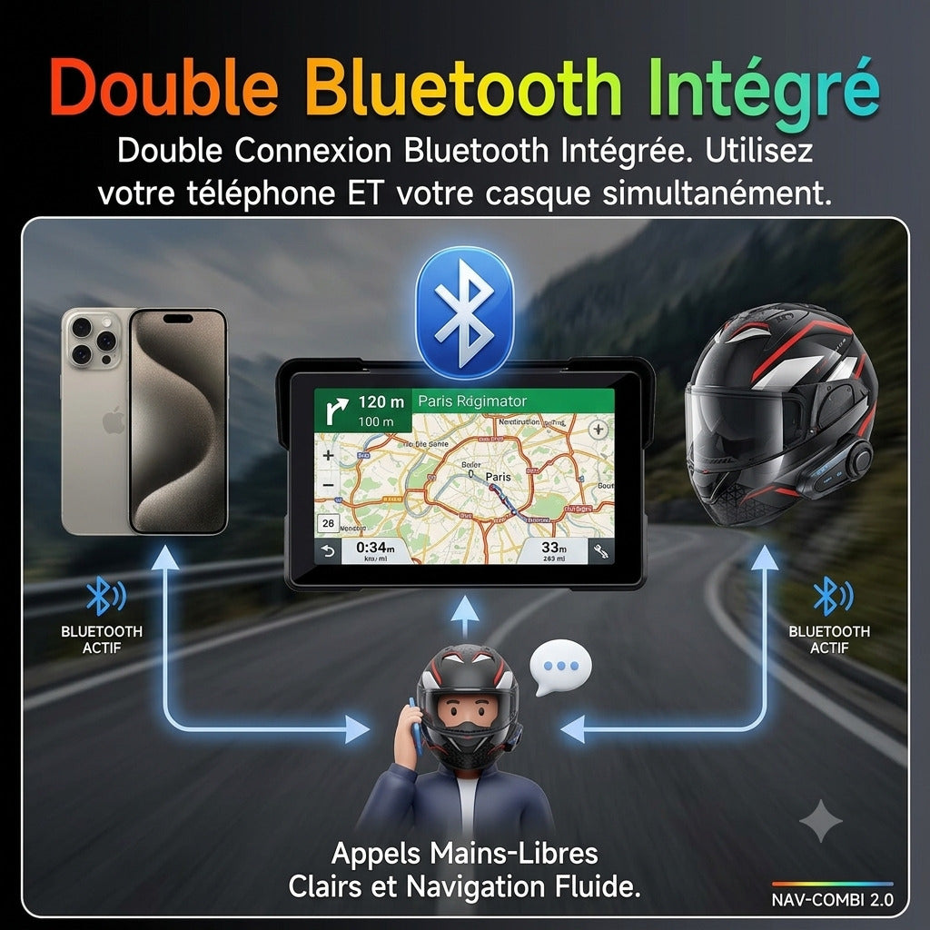 Dashcam Moto 7 pouces 2K — Carplay & Android Auto sans fil, Étanche IP67