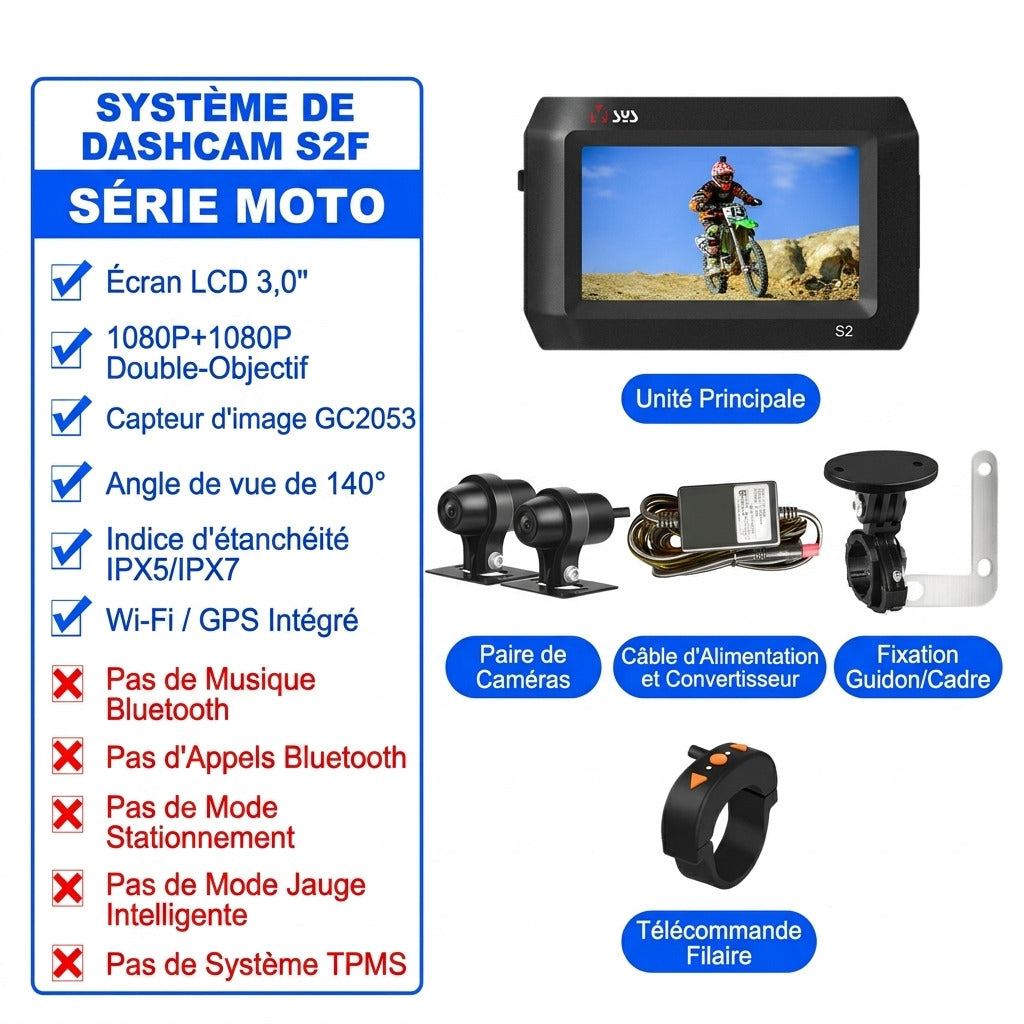 Dashcam Moto Double Caméra 1080P — Vision Nocturne, WiFi & Bluetooth