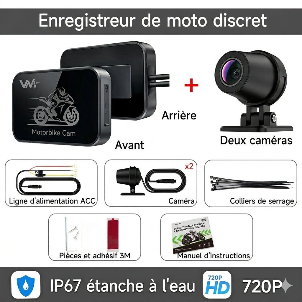 Dashcam Moto Double Caméra 720P — Étanche IPx67, Vision Nocturne & GPS