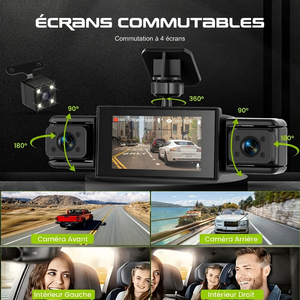 Dashcam Voiture 1080P 4 Caméras — Vision Nocturne, Aide au Recul & Détection