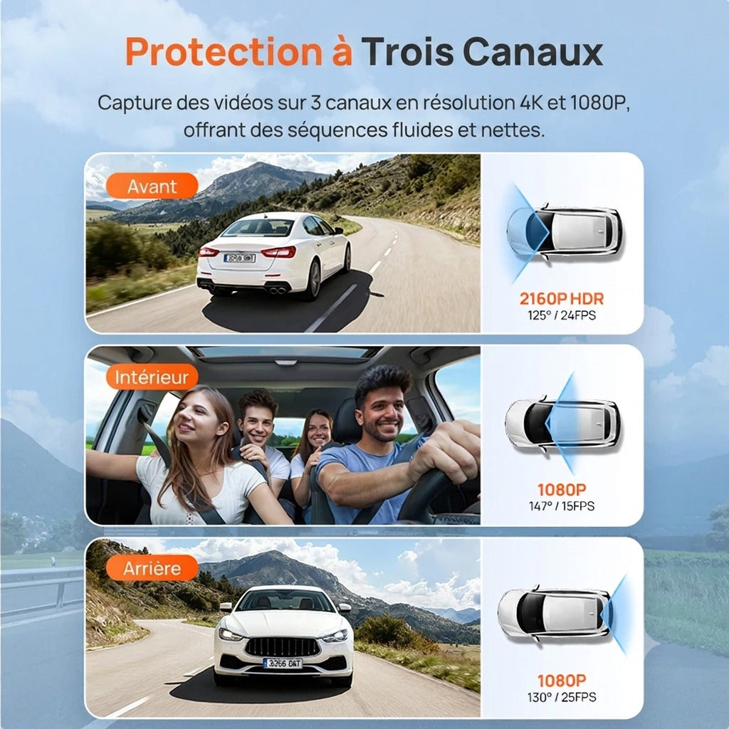 Dashcam Voiture 3 Canaux 4K — GPS, Vision Nocturne