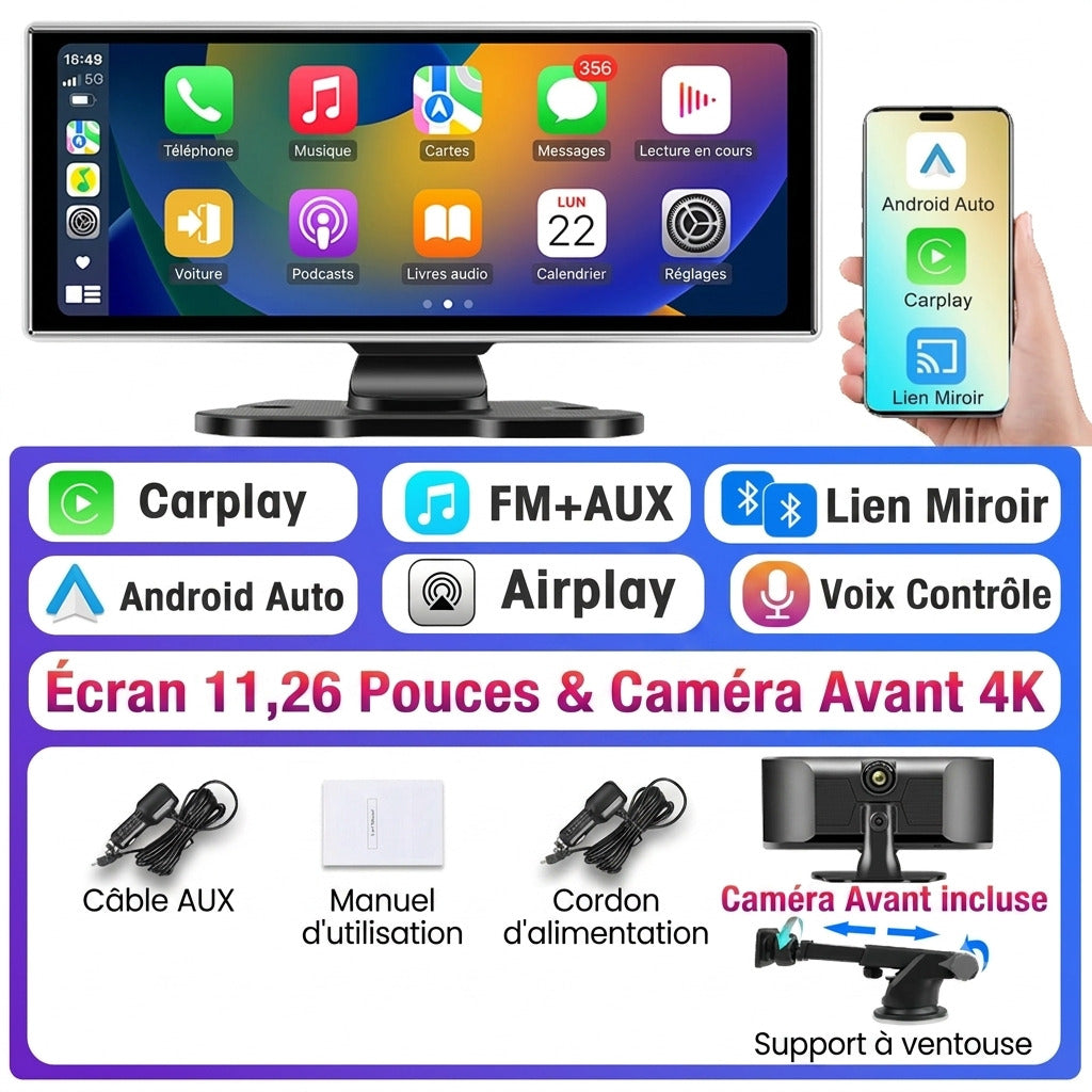 Dashcam Voiture 10,26" — CarPlay, Android Auto & Caméra Arrière