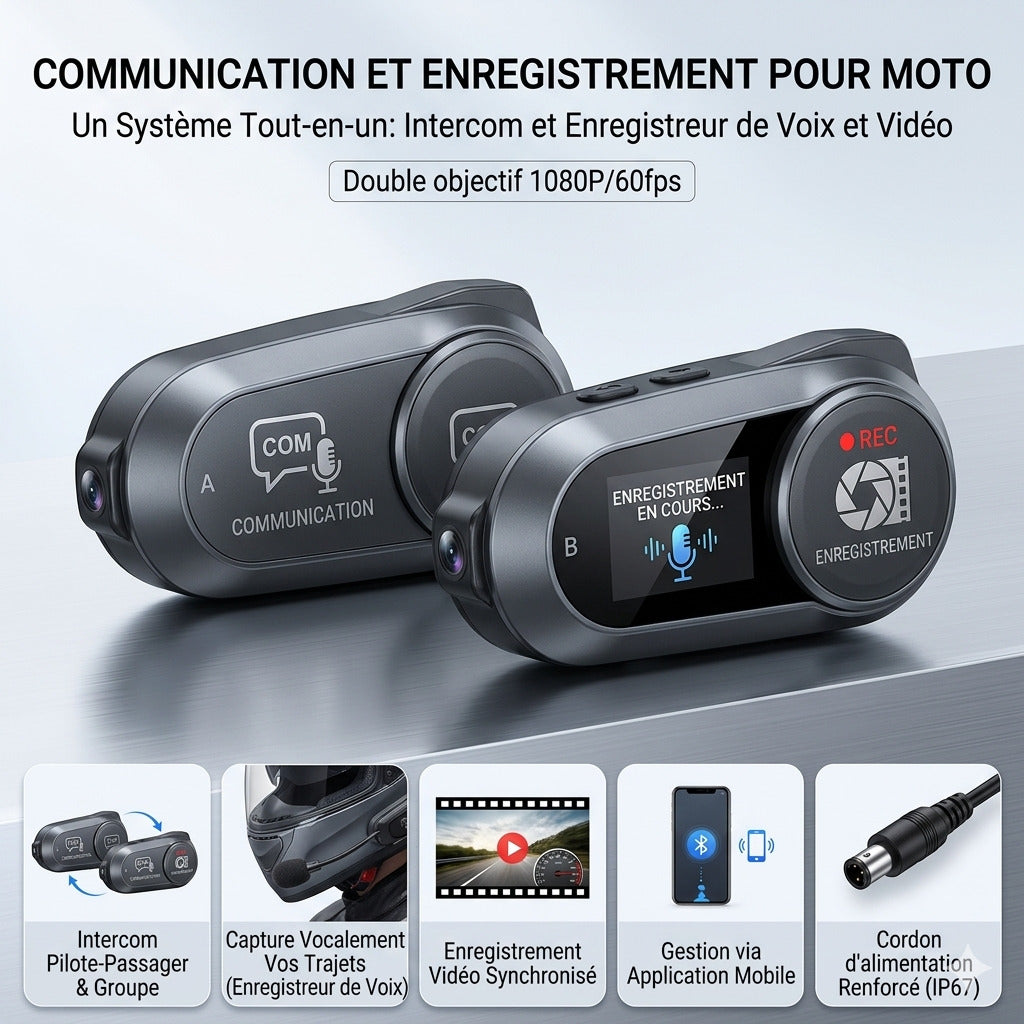 Dashcam Moto 1080P — Double Caméra 160°, Étanche & Enregistrement Continu