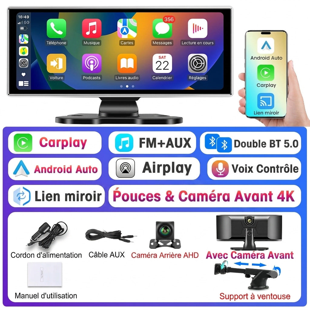Dashcam Voiture 10,26" — CarPlay, Android Auto & Caméra Arrière