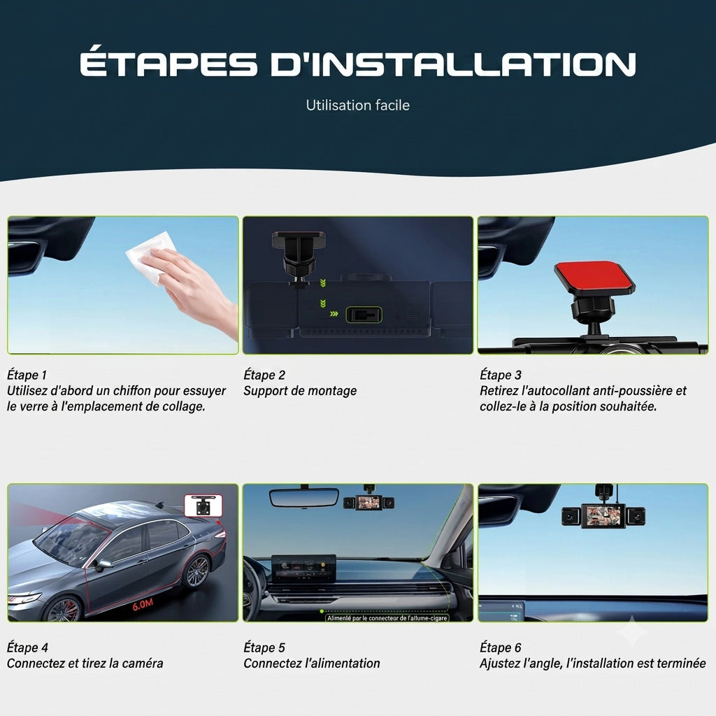 Dashcam Voiture 1080P 4 Caméras — Vision Nocturne, Aide au Recul & Détection