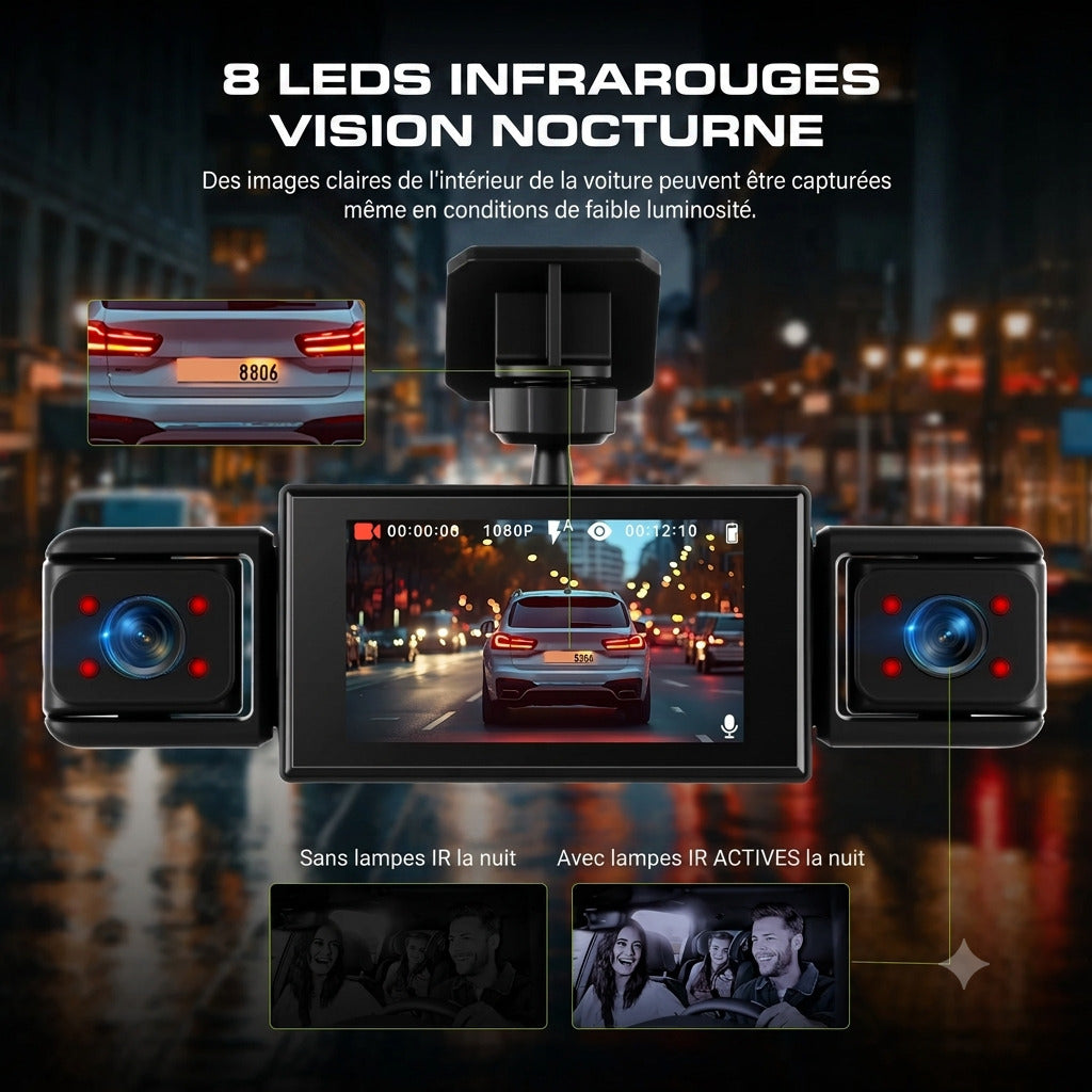Dashcam Voiture 1080P 4 Caméras — Vision Nocturne, Aide au Recul & Détection