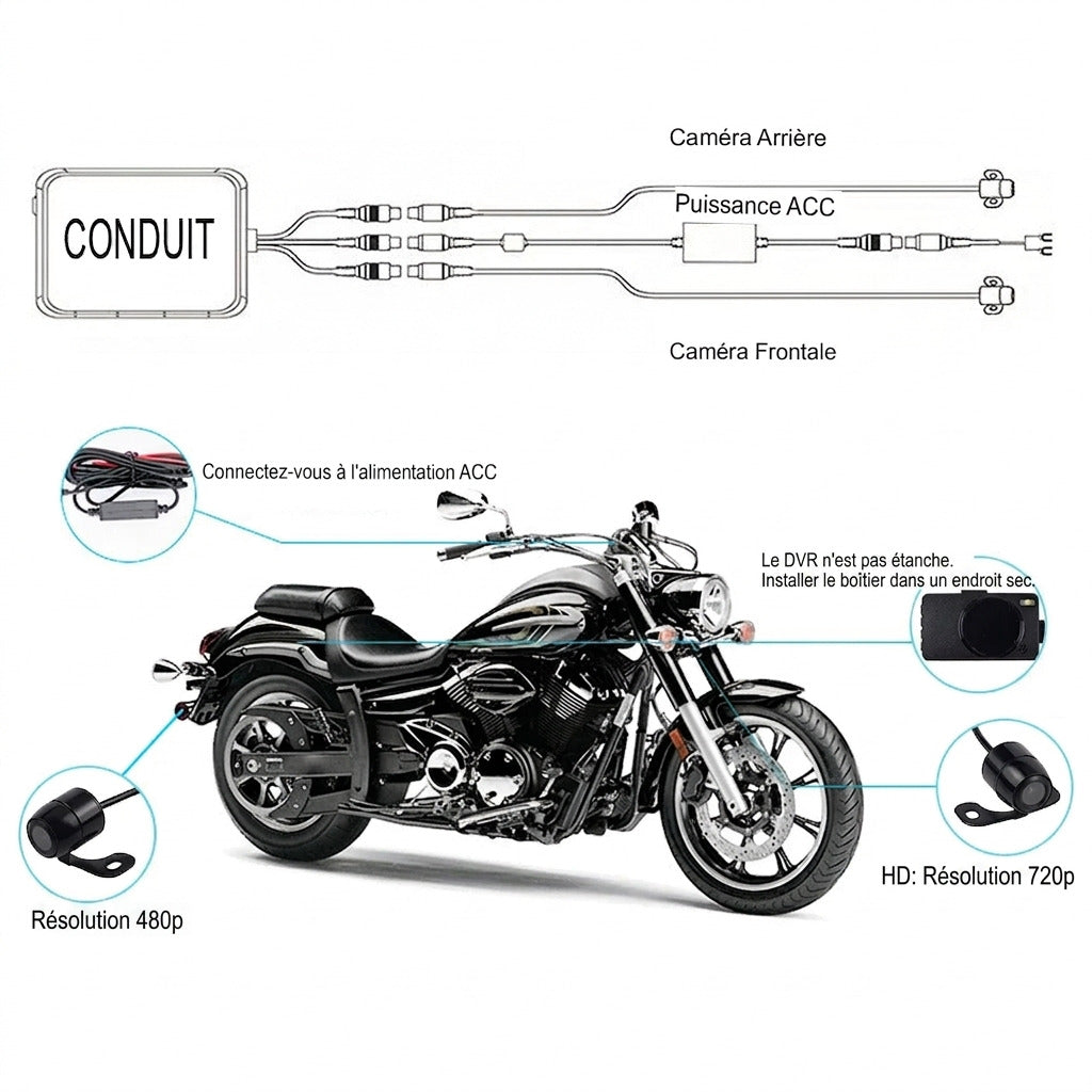 Dashcam Moto Double Caméra Avant/Arrière avec Détection de Choc et Enregistrement en Boucle
