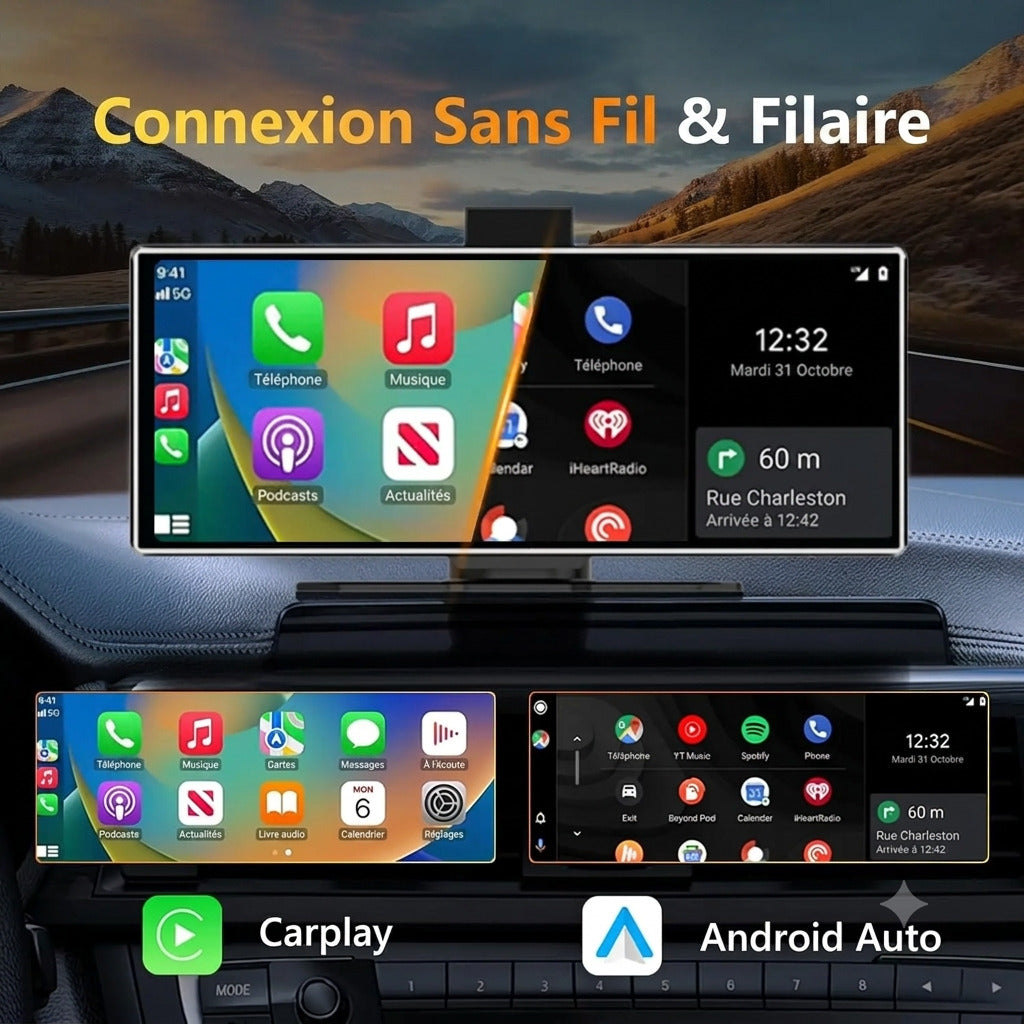 Dashcam Voiture 10,26" — CarPlay, Android Auto & Caméra Arrière
