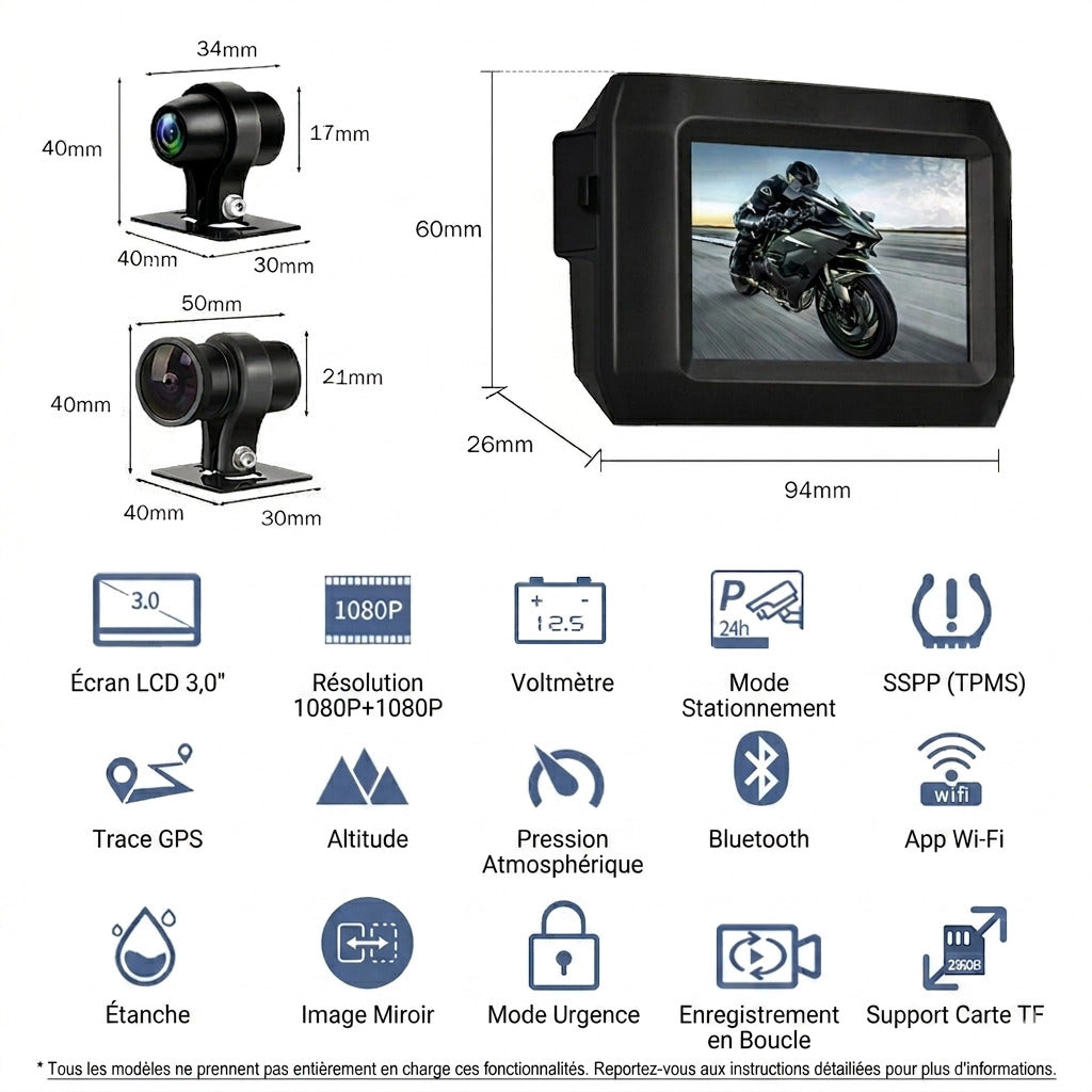 Dashcam Moto Double Caméra 1080P — Vision Nocturne, WiFi & Bluetooth