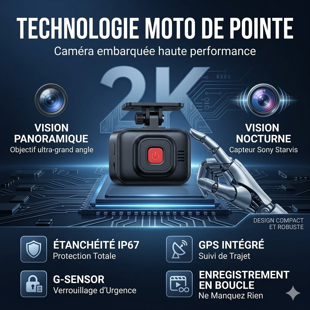 Dashcam Moto 2K, Stabilisation Électronique & Grand Angle 150°