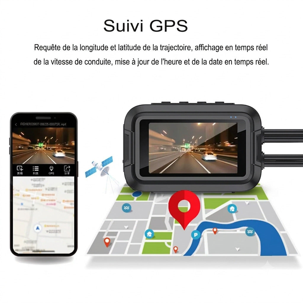 Dashcam Moto Full HD Dual 1080P, GPS & Étanche IP66