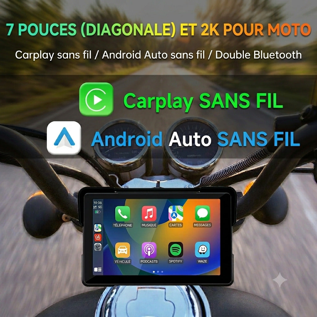 Dashcam Moto 7 pouces 2K — Carplay & Android Auto sans fil, Étanche IP67