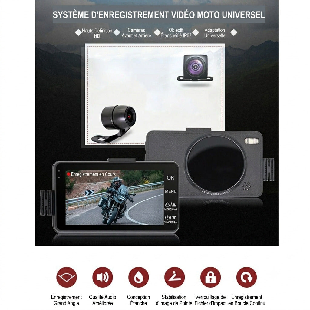 Dashcam Moto 720P — Double Caméra, Enregistrement en Boucle & Objectif Waterproof